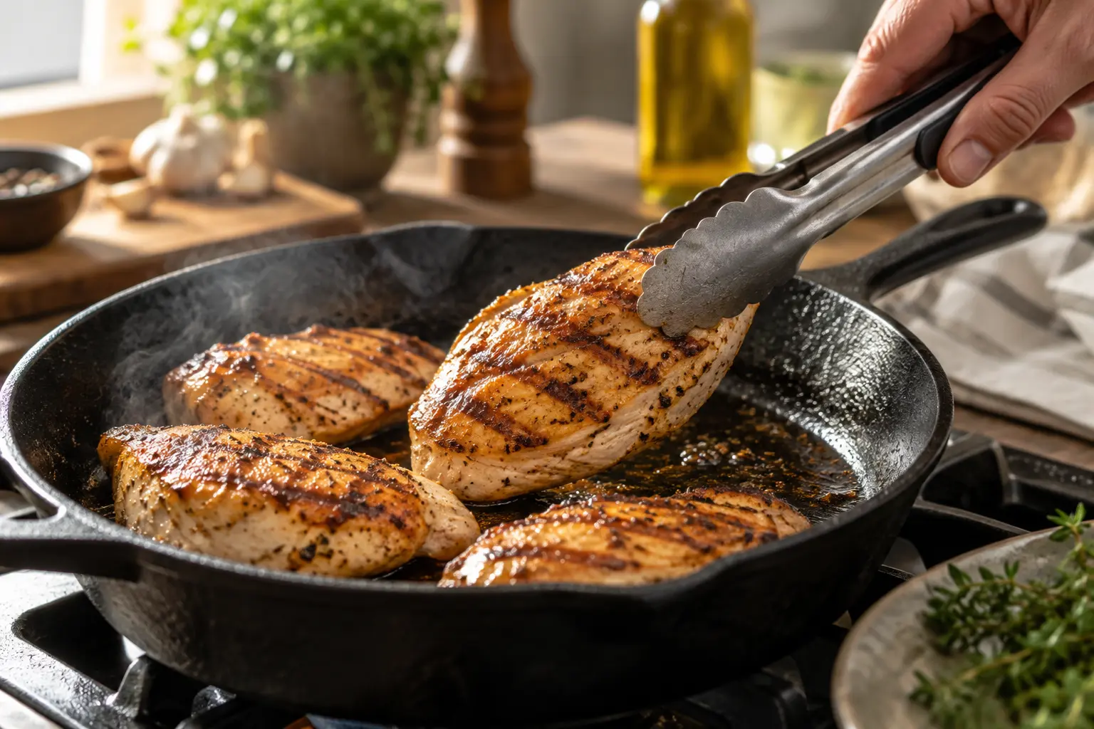 Blancs de poulet en train de griller dans une poêle avec des traces de cuisson dorées