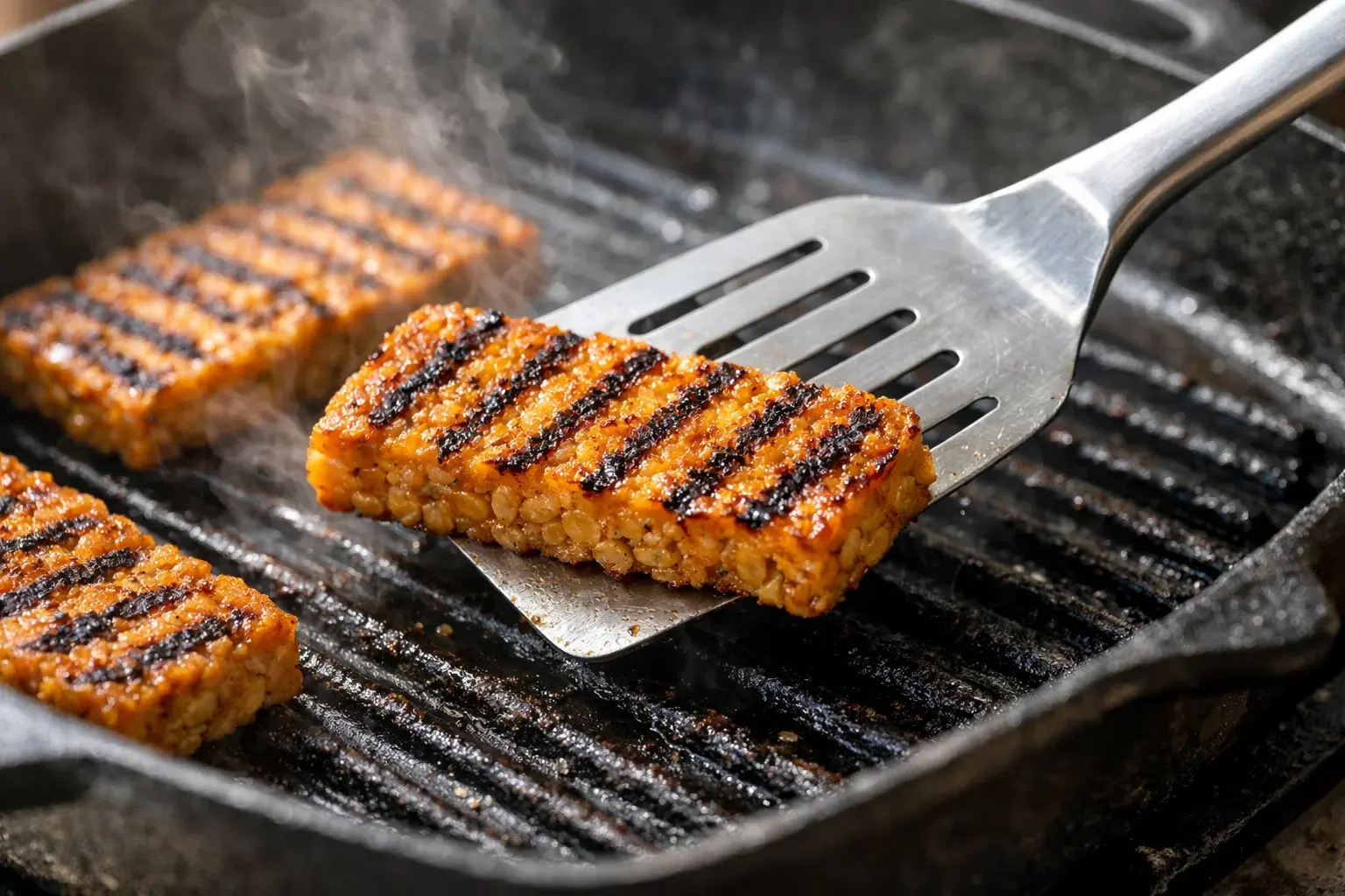 Tranches de tempeh grillant dans une poêle grill striée avec marques de cuisson dorées, spatule retournant une tranche