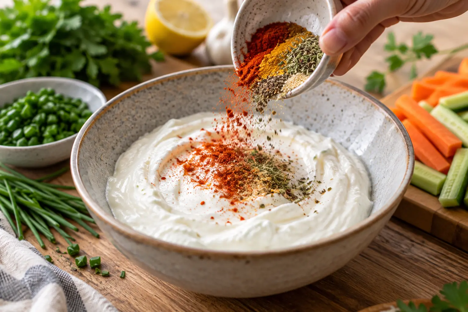 Fromage blanc mélangé avec les épices dans un saladier