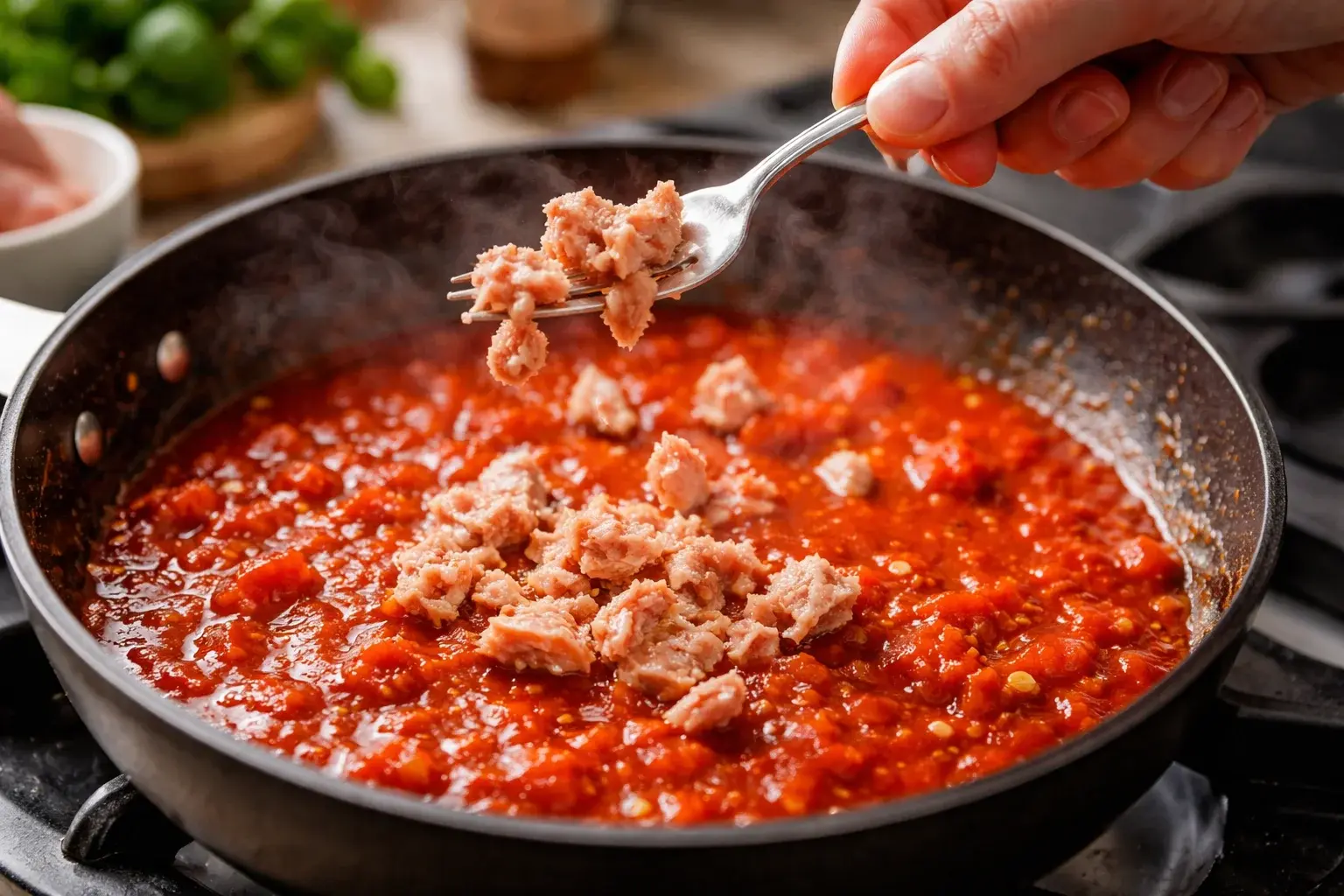 Main émiettant du thon en conserve à la fourchette dans la sauce arrabiata rouge de la sauteuse