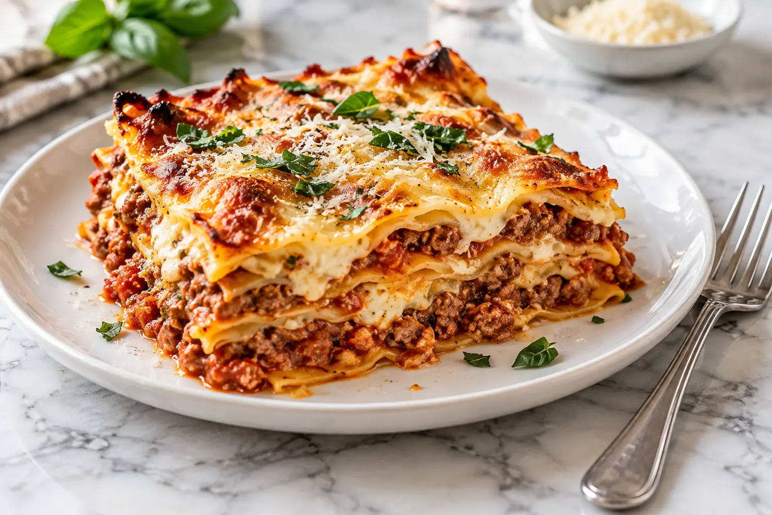 Part de lasagnes bolognaise protéinées servie dans une assiette, couches visibles