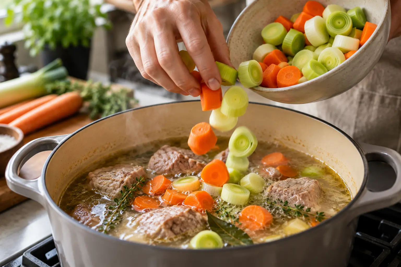 Main ajoutant les carottes et poireaux dans la casserole de blanquette