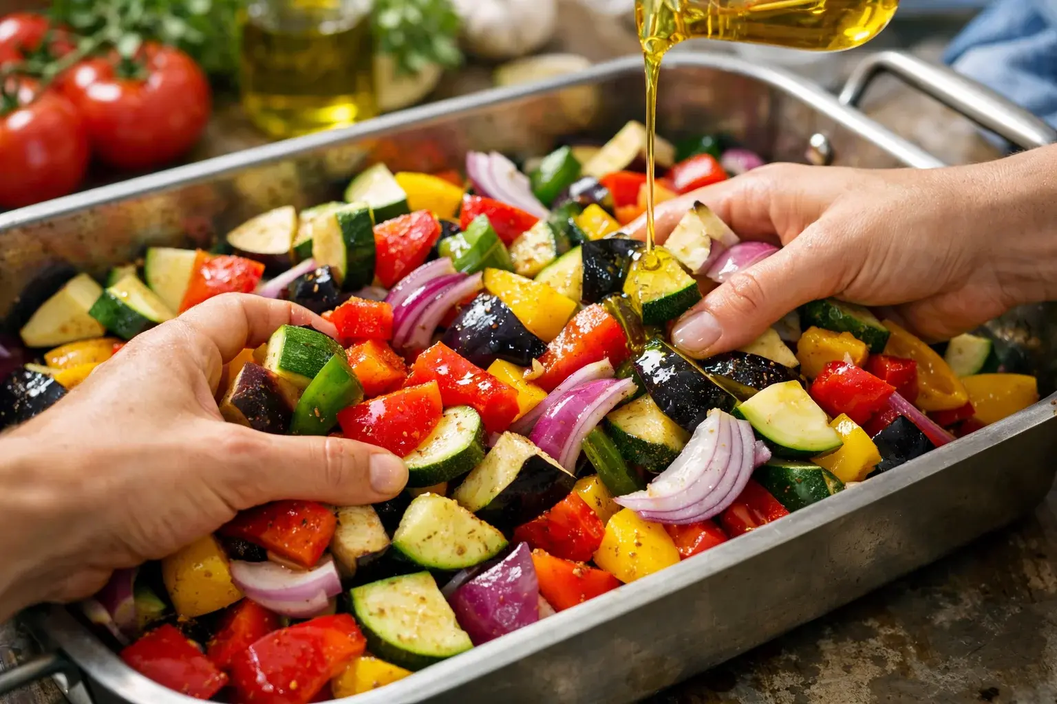 Mains mélangeant des légumes méditerranéens colorés coupés avec de l'huile d'olive et des herbes dans un grand plat à rôtir