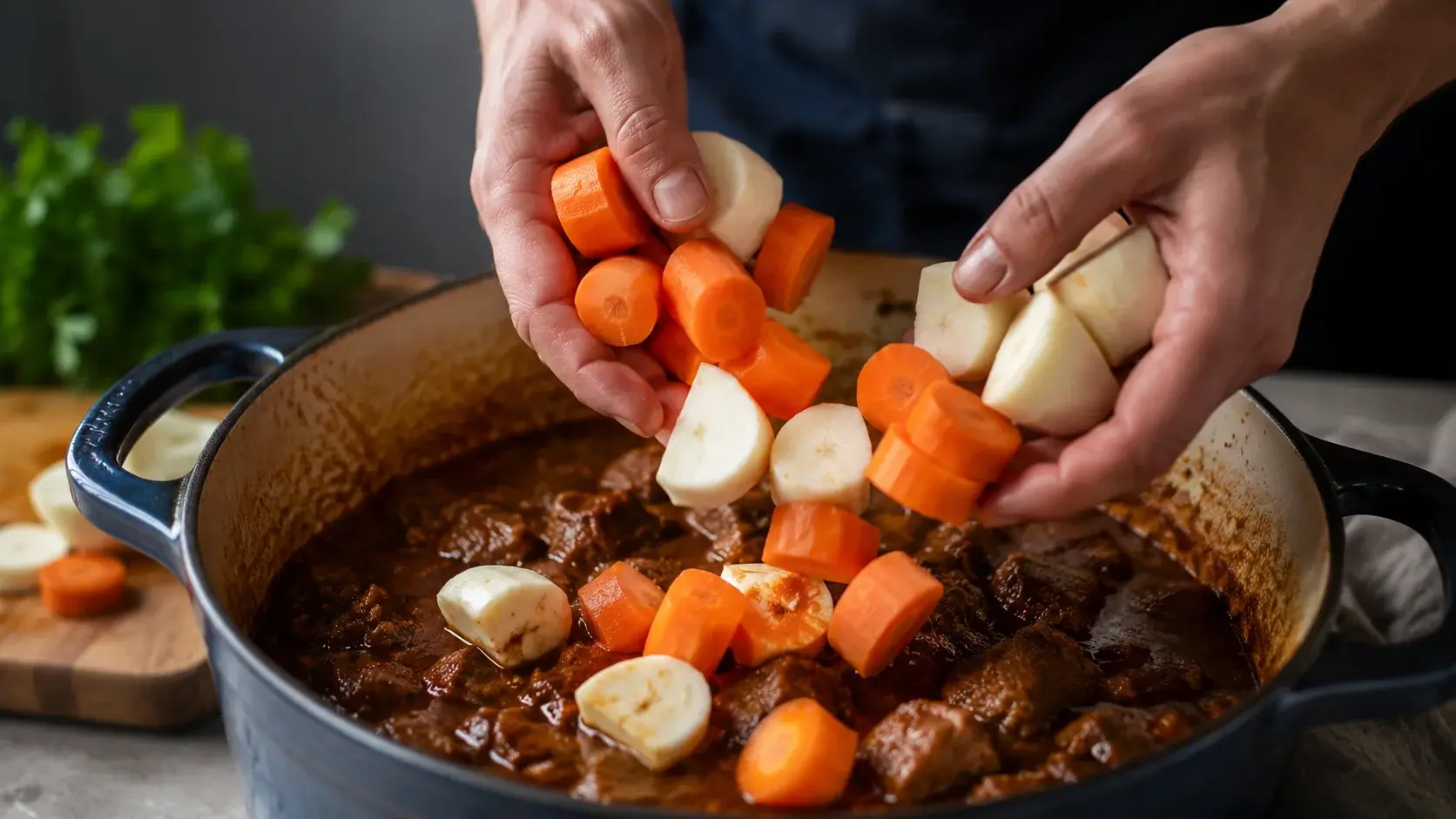 Mains ajoutant des carottes et des navets coupés dans la cocotte de ragoût de bœuf après la première heure de cuisson, légumes colorés tombant dans la sauce