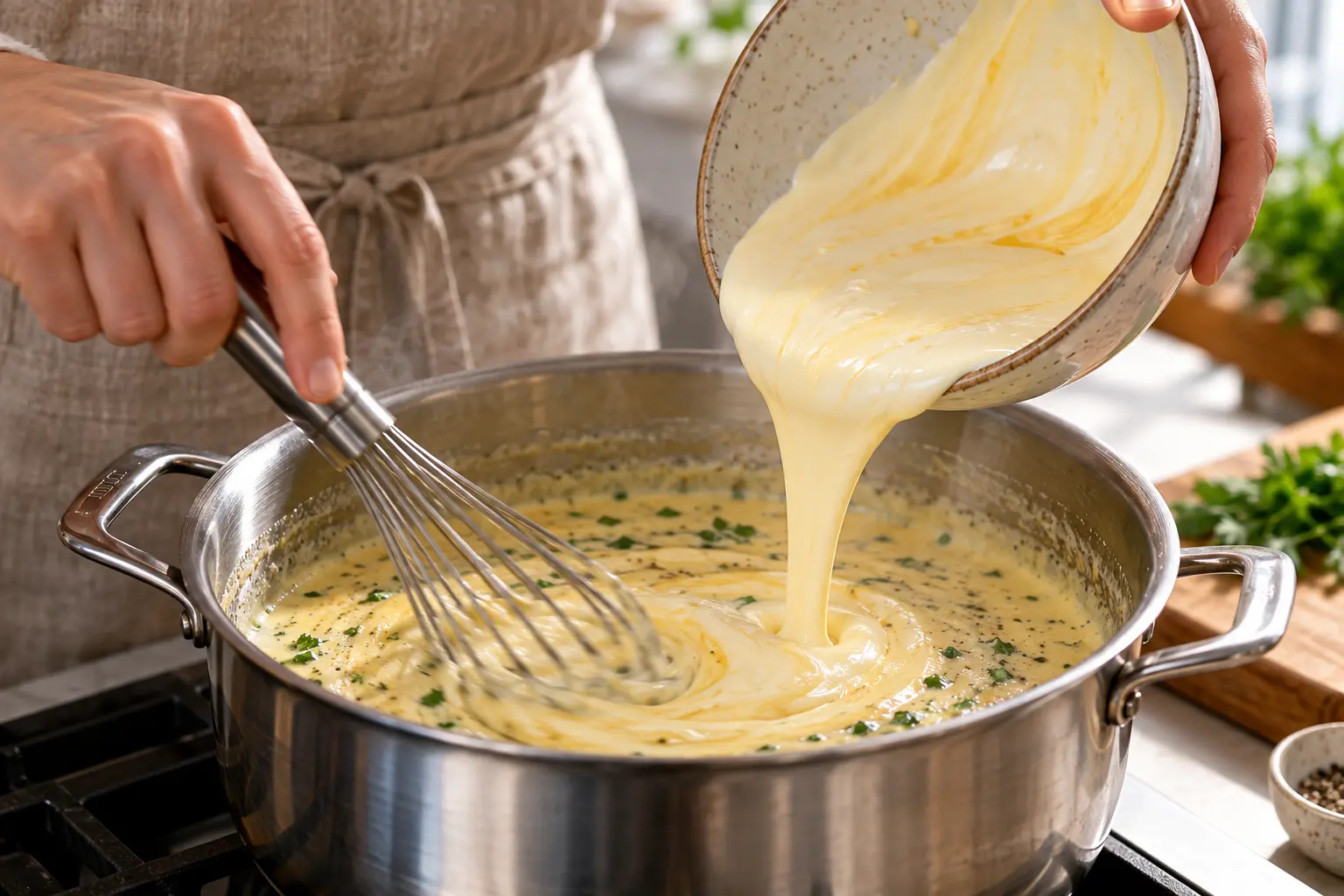 Incorporation du mélange fromage blanc et jaune d'œuf dans la sauce de blanquette