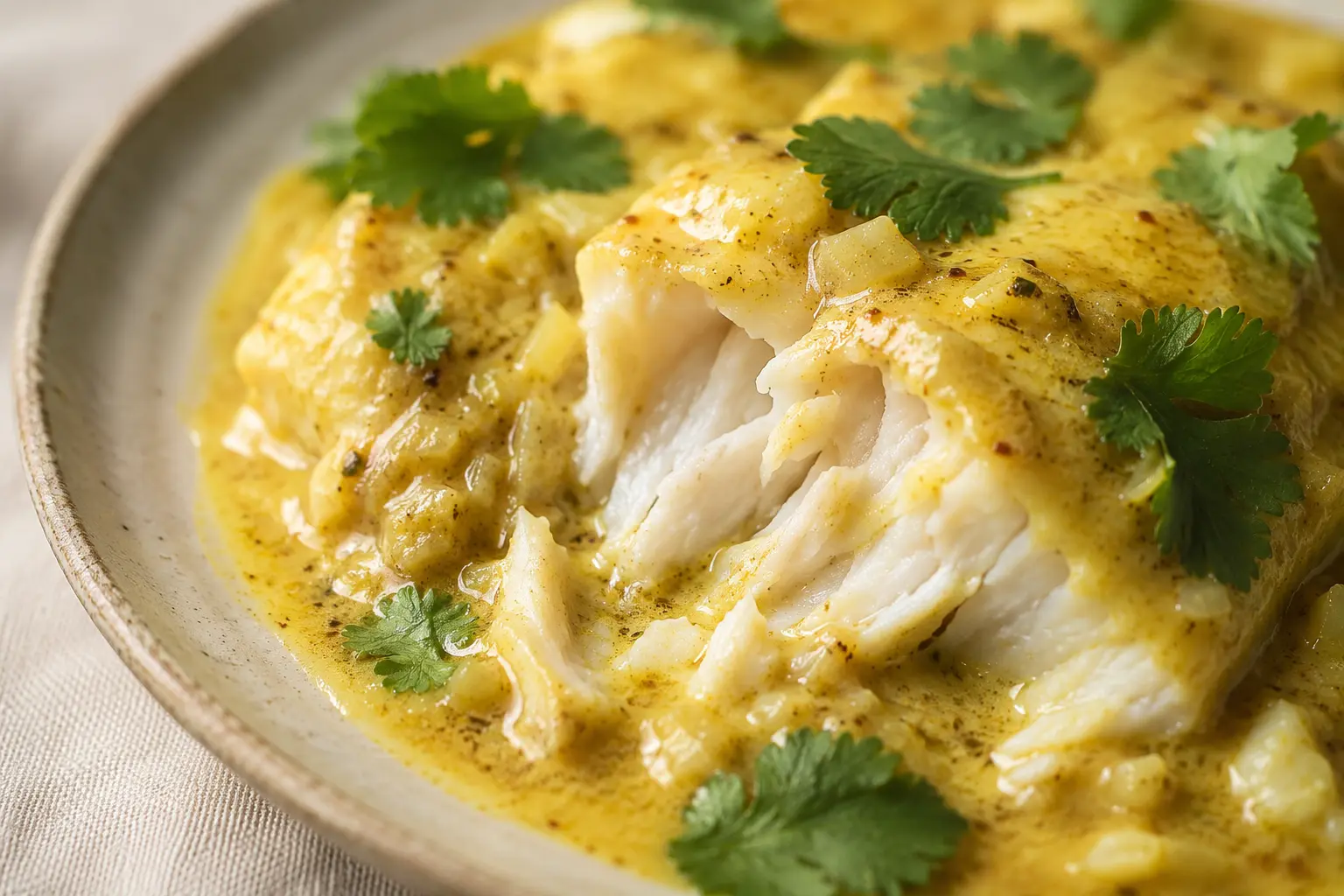 Lieu noir sauce curry servi avec du riz basmati, gros plan sur la texture de la sauce
