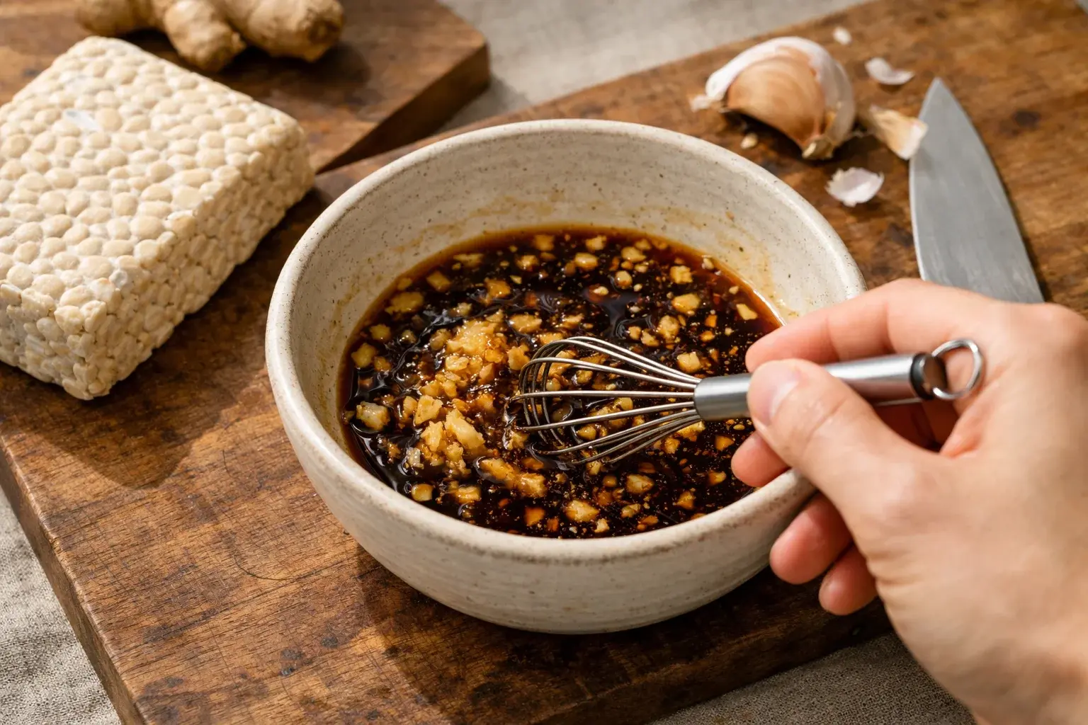 Mains fouettant les ingrédients de la marinade dans un bol, sauce soja foncée et gingembre râpé visibles