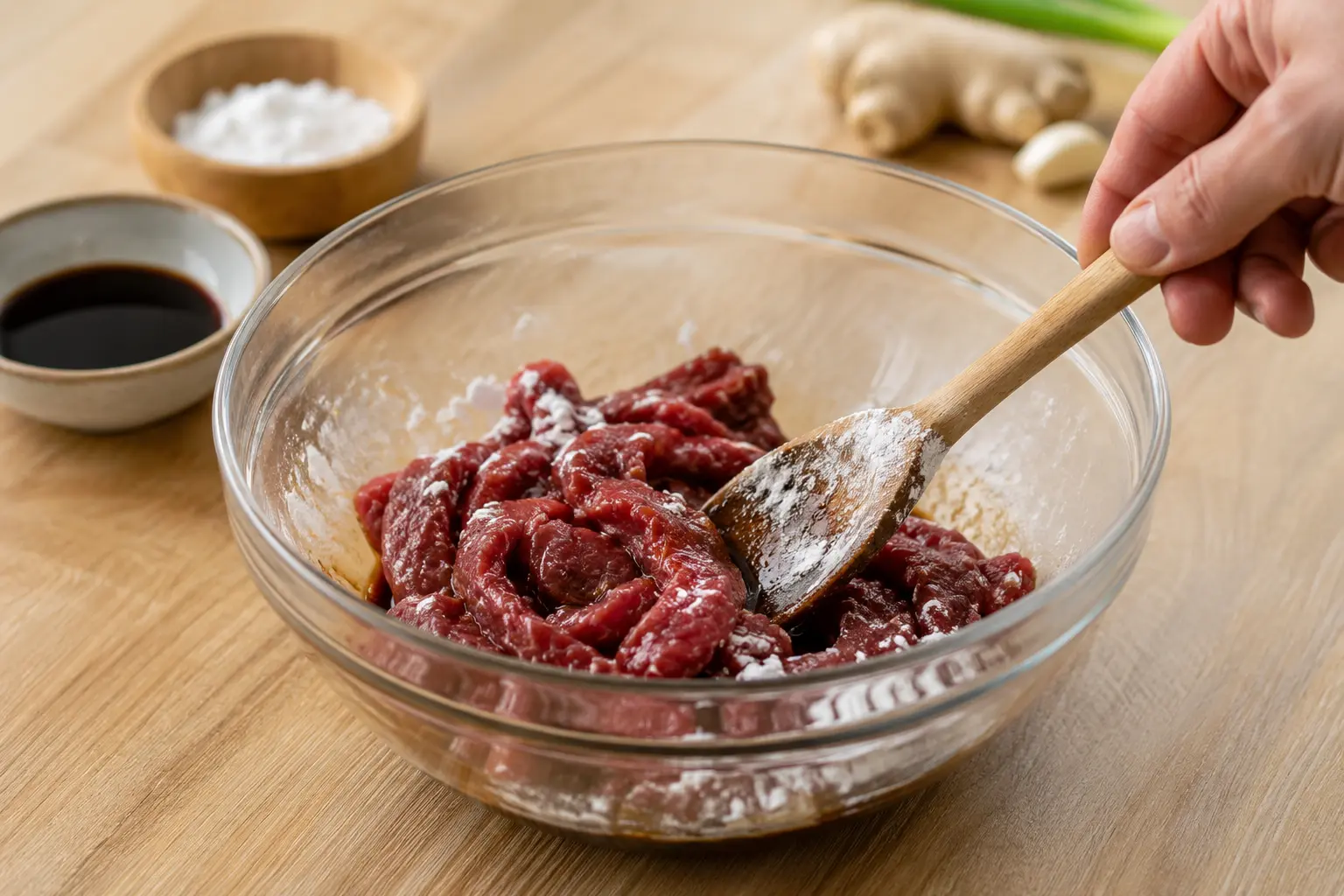 Lamelles de bœuf en train de mariner dans un bol avec sauce soja et fécule