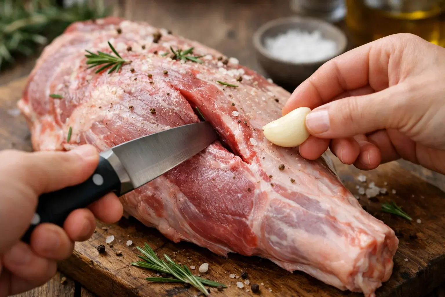 Mains glissant des éclats d'ail dans des incisions pratiquées dans un gigot d'agneau avec un couteau pointu