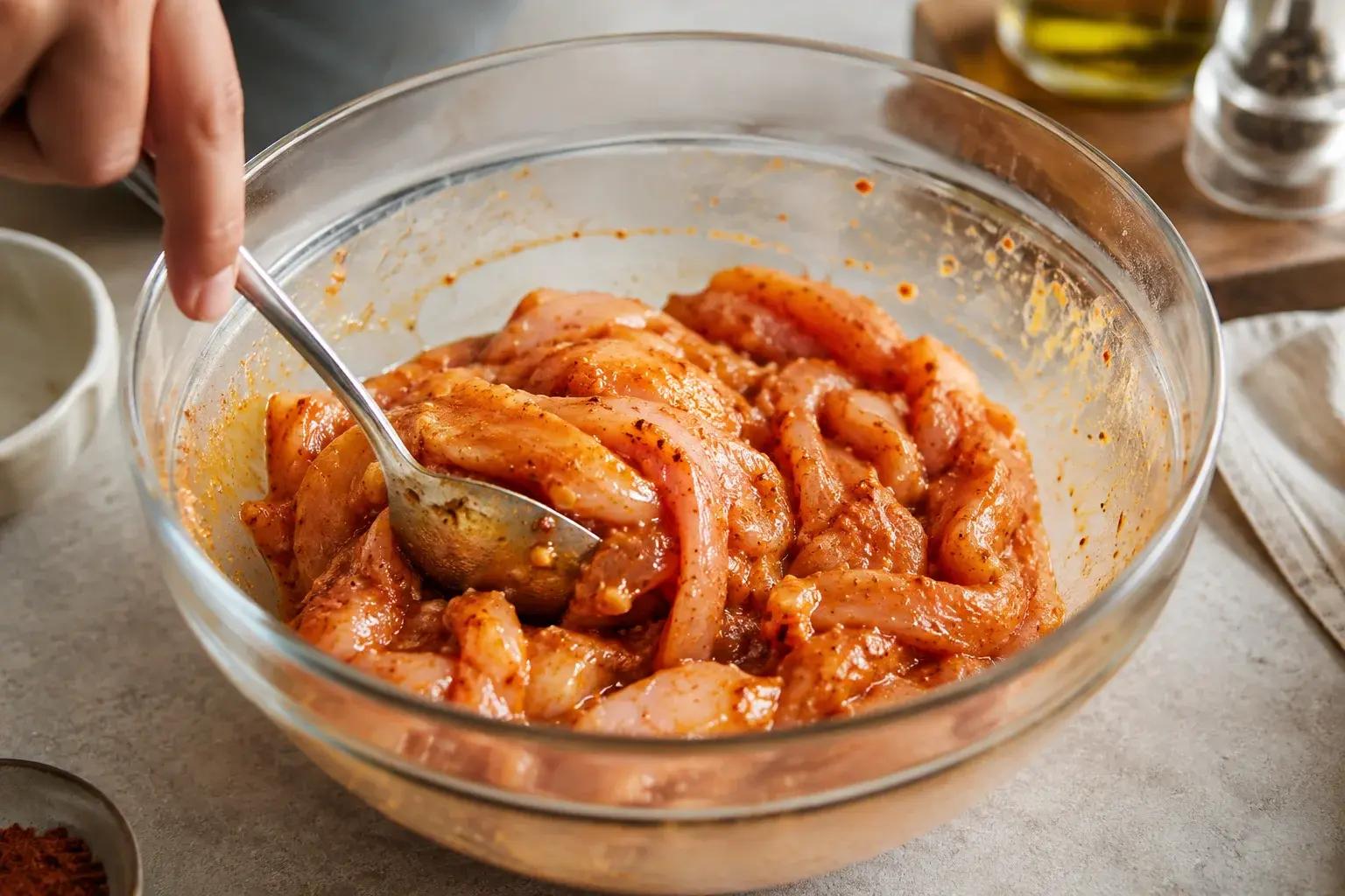 Lanières de poulet cru enrobées d'une marinade rouge-orangée aux épices fumées dans un grand bol en verre transparent