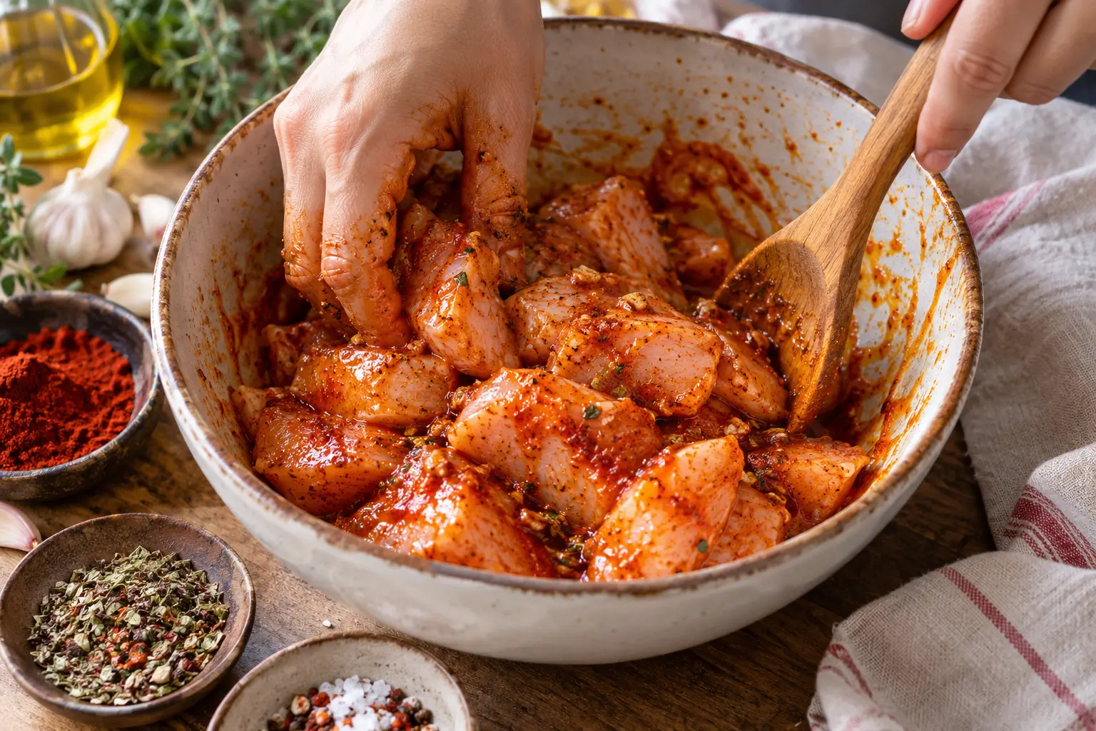 Blancs de poulet en train d'être enrobés de marinade au paprika fumé dans un bol
