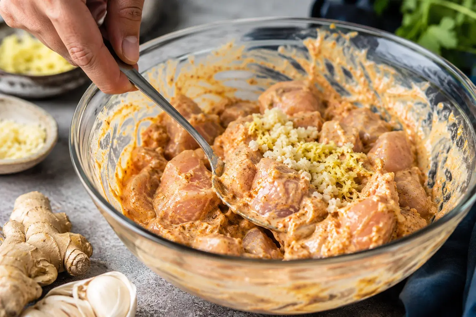 Cubes de poulet en train d'être enrobés dans une marinade épicée orangée au yaourt avec ail, gingembre et épices dans un saladier