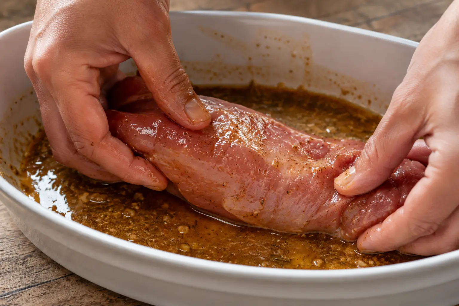Filets mignons de porc en train de mariner dans la sauce miel-soja