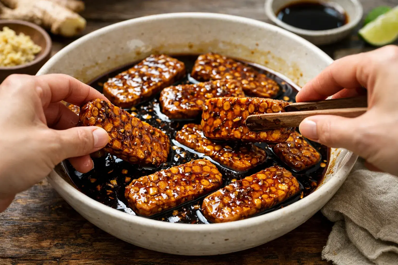 Tranches de tempeh dans un plat creux recouvertes de marinade soja-gingembre, mains les retournant pour bien les enrober