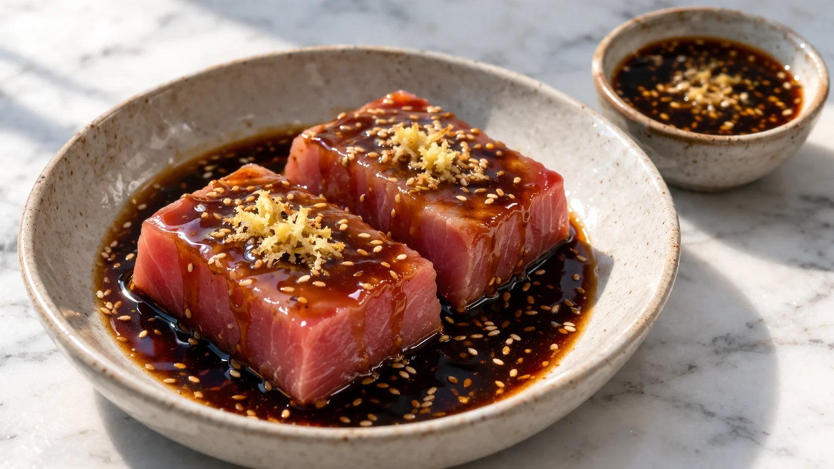 Pavés de thon rouge marinant dans la sauce soja-sésame-gingembre dans une assiette creuse, sauce brillante enrobant la chair rose