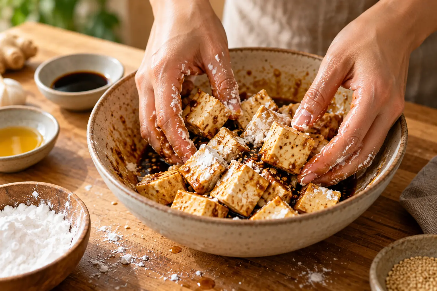 Cubes de tofu en train d'être mélangés avec la marinade soja et sésame dans un bol