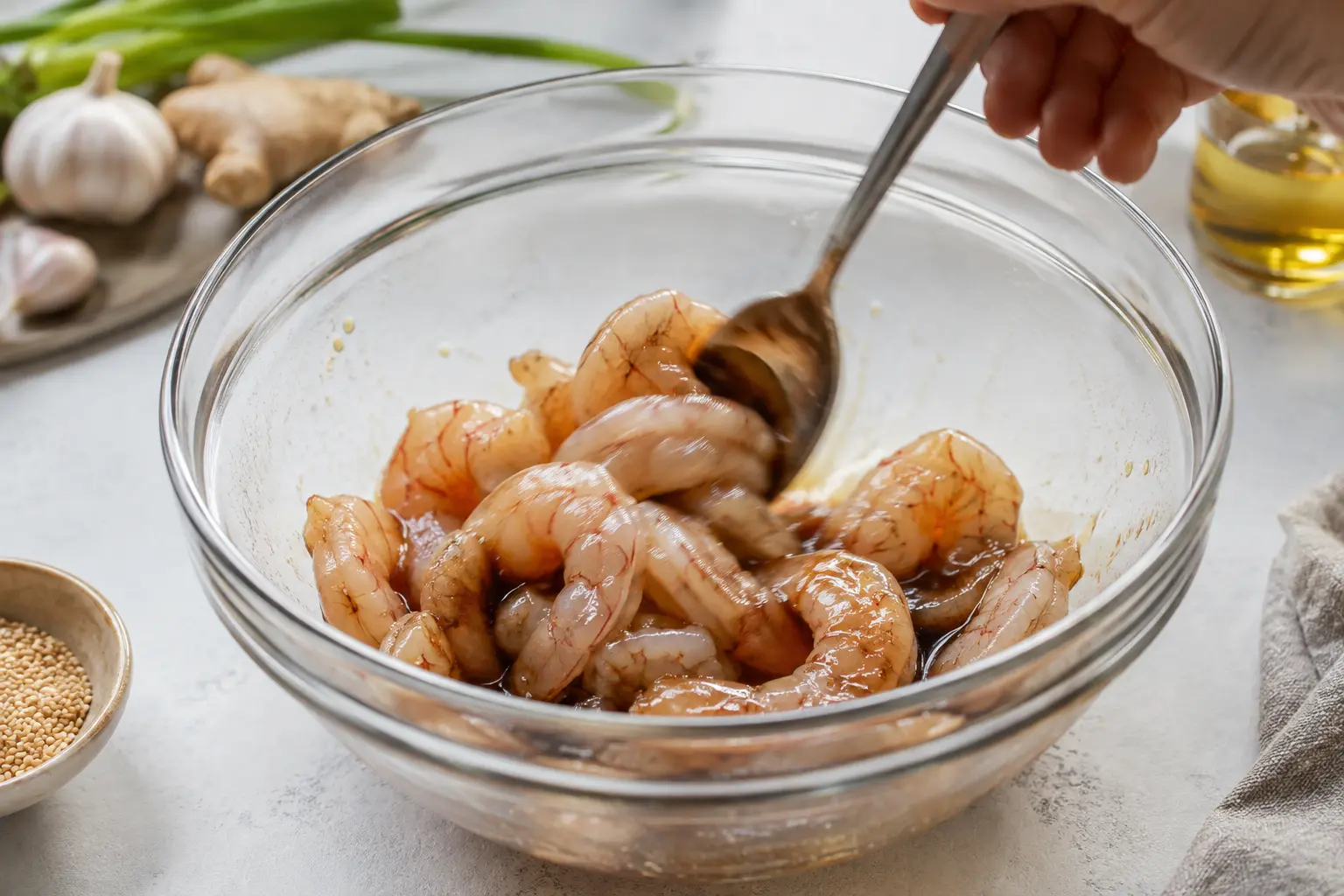 Crevettes crues en train de mariner dans un bol avec sauce soja et huile de sésame