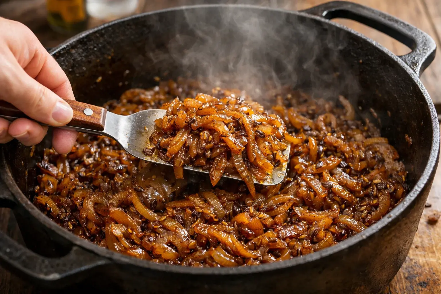 Oignons brun dorés caramélisés dans une cocotte avec graines de cumin, spatule remuant, couleur ambrée profonde visible