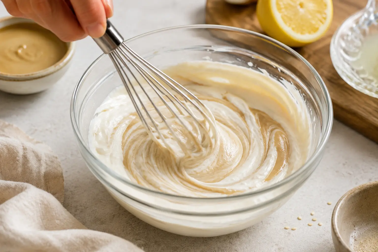 Mélange au fouet du yaourt grec avec le tahini et le citron dans un bol