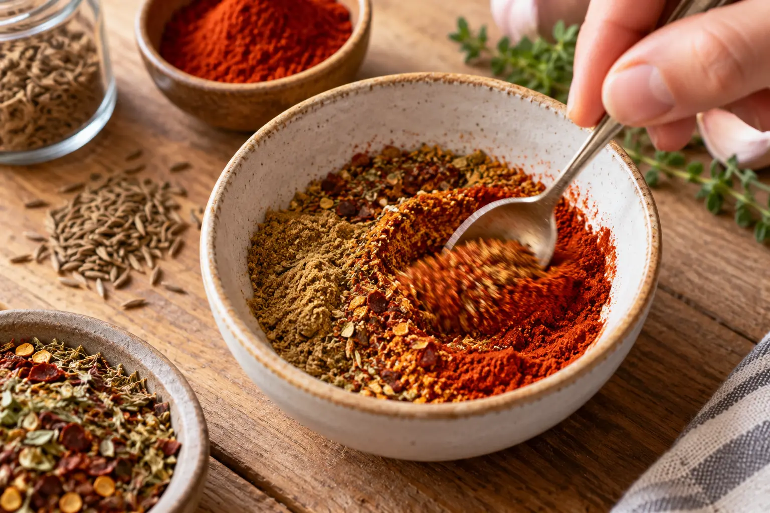 Mélange d'épices cumin paprika et piment dans un petit bol