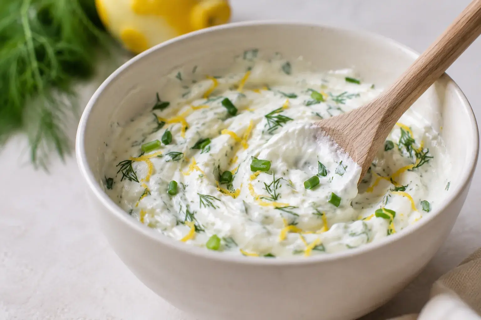 Cuillère qui mélange du fromage blanc crémeux avec aneth et ciboulette ciselés verts et zeste de citron jaune dans un bol blanc