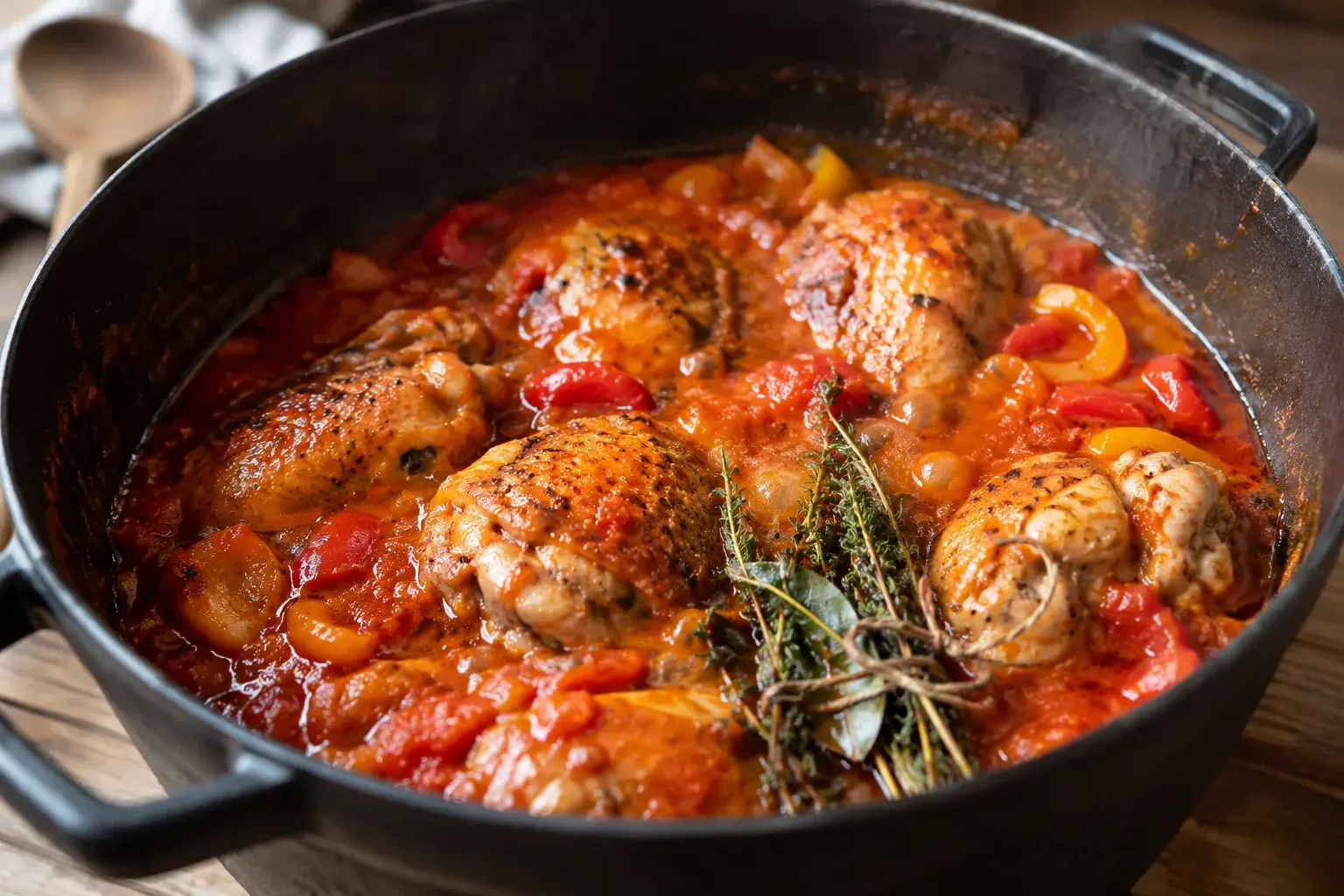 Cuisses de poulet nichées dans une sauce tomate aux poivrons en train de mijoter à couvert dans une cocotte en fonte