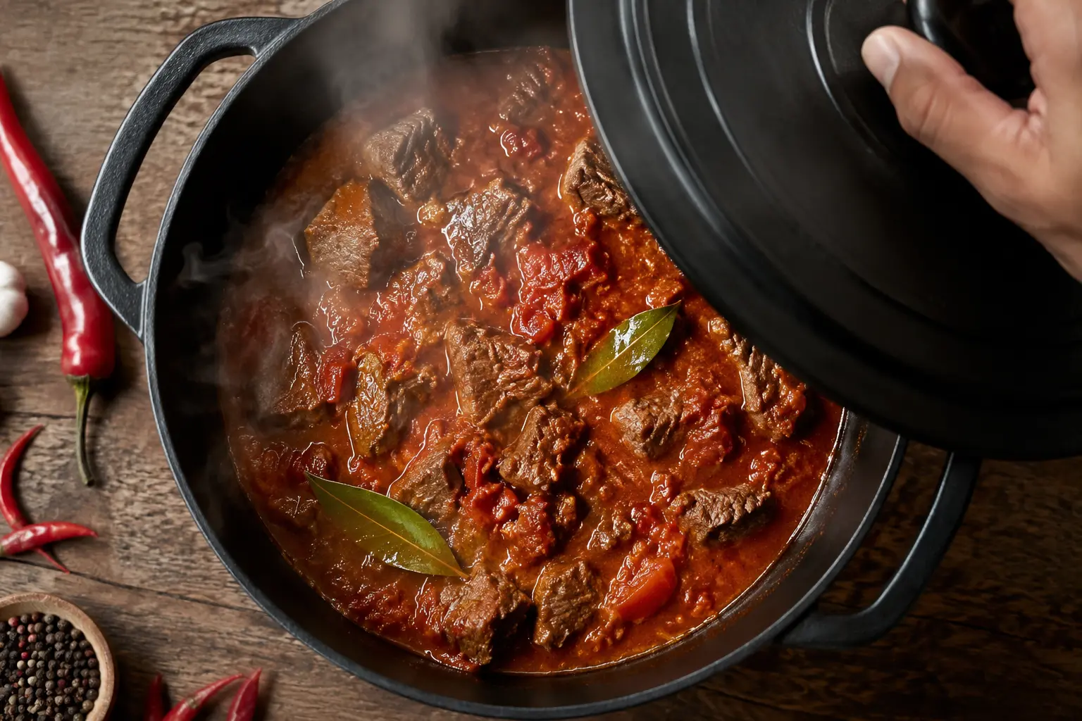 Cocotte de birria de bœuf en train de mijoter avec la sauce rouge aux piments