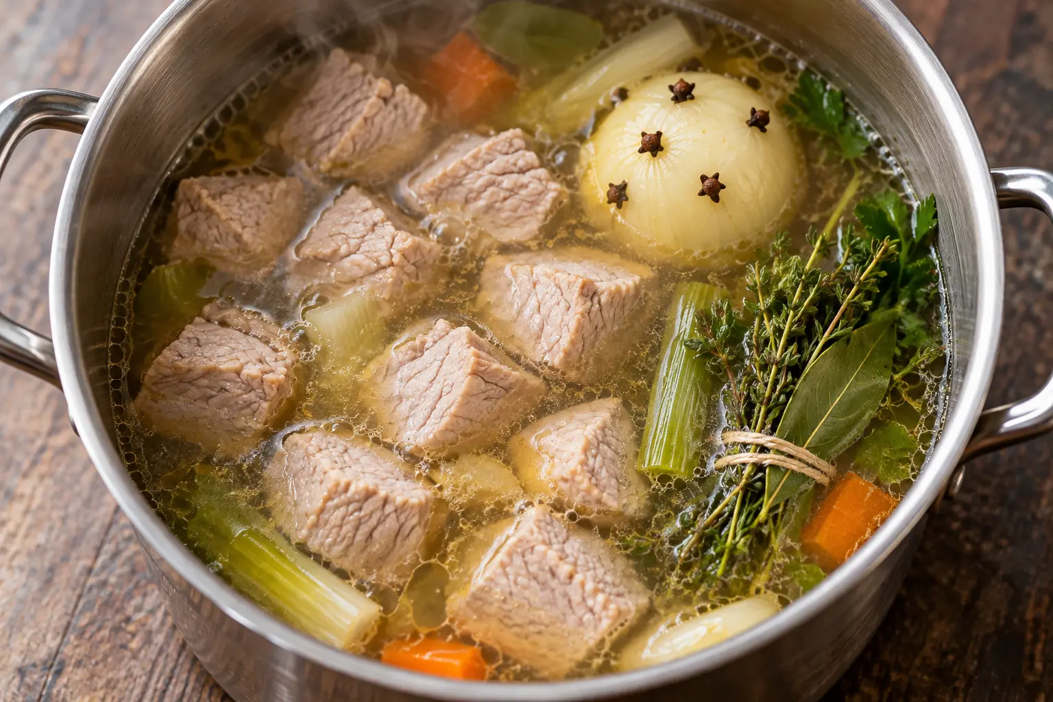 Casserole avec les cubes de veau mijotant dans le bouillon avec oignon et bouquet garni
