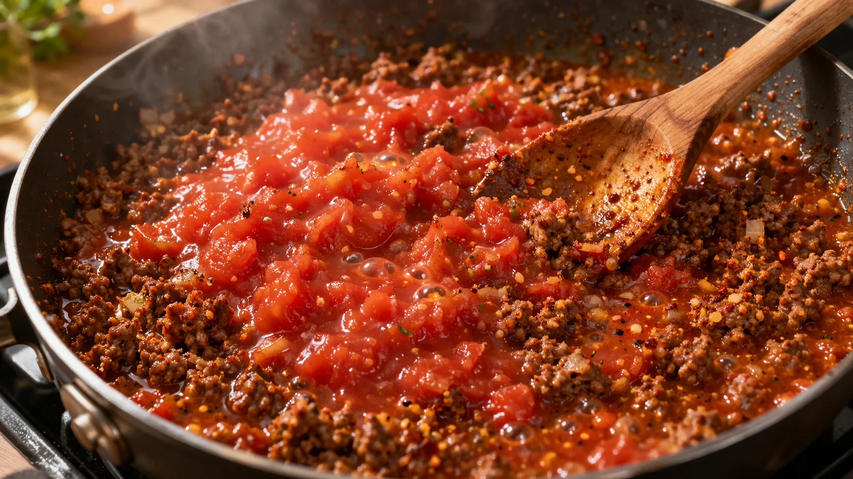 Bœuf haché mexicain avec tomates concassées en train de mijoter dans la sauteuse, sauce réduite et parfumée visible, cuillère en bois