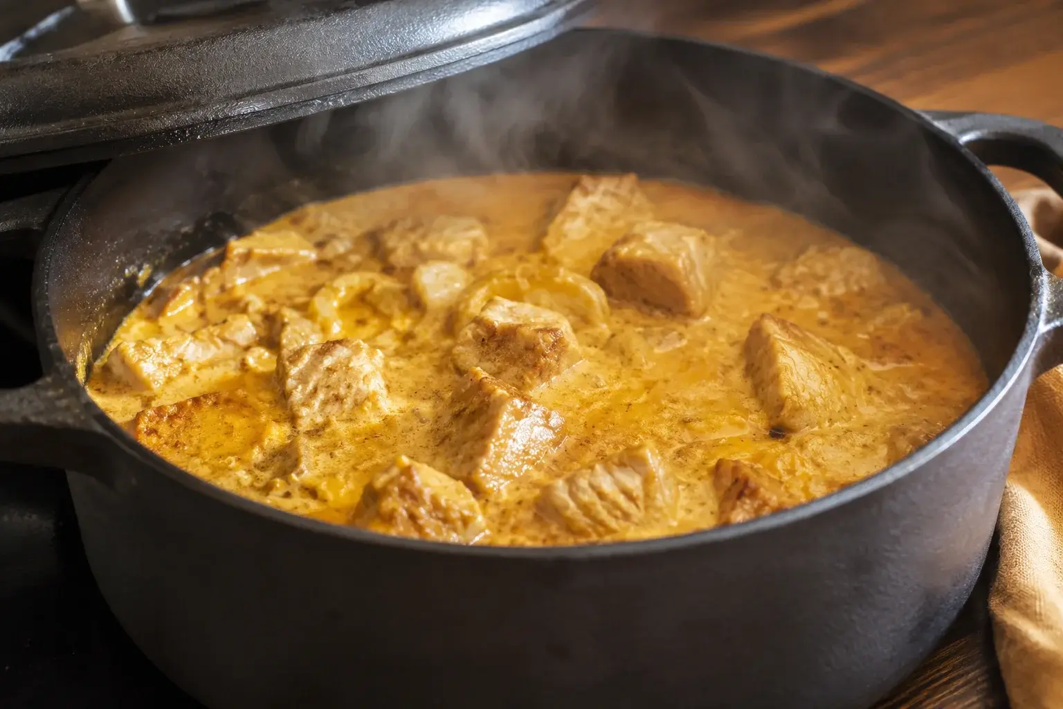 Cubes de porc nichés dans une sauce blanche-orangée au lait de coco en train de mijoter à couvert dans une cocotte en fonte
