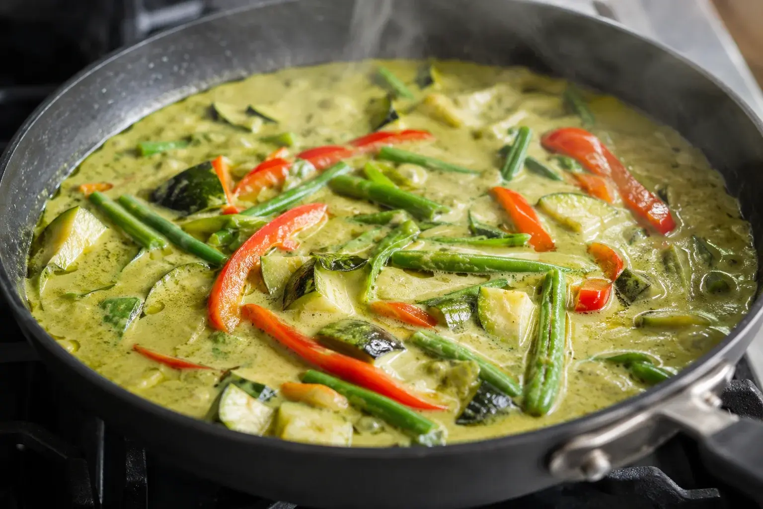 Curry vert thaï en train de mijoter dans une grande poêle avec haricots verts, lamelles de poivron rouge et cubes de courgette