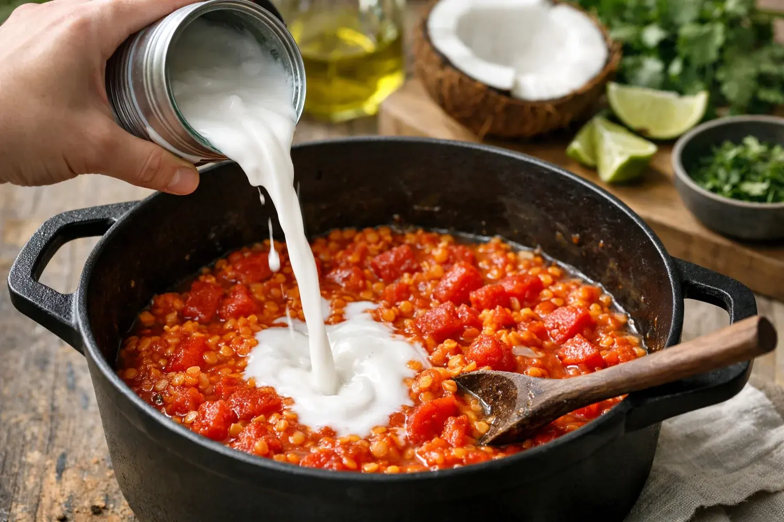 Lentilles corail, lait de coco et tomates concassées versés dans la cocotte avec les épices