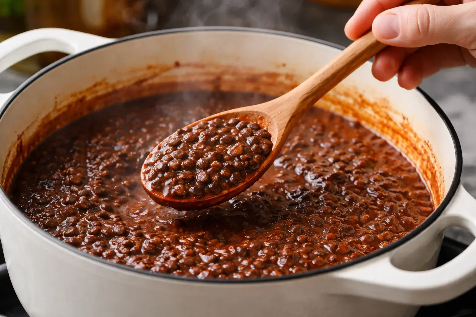 Cocotte de dal makhani mijotant à feu très doux avec lentilles noires visibles dans la sauce rouge foncée, vapeur légère