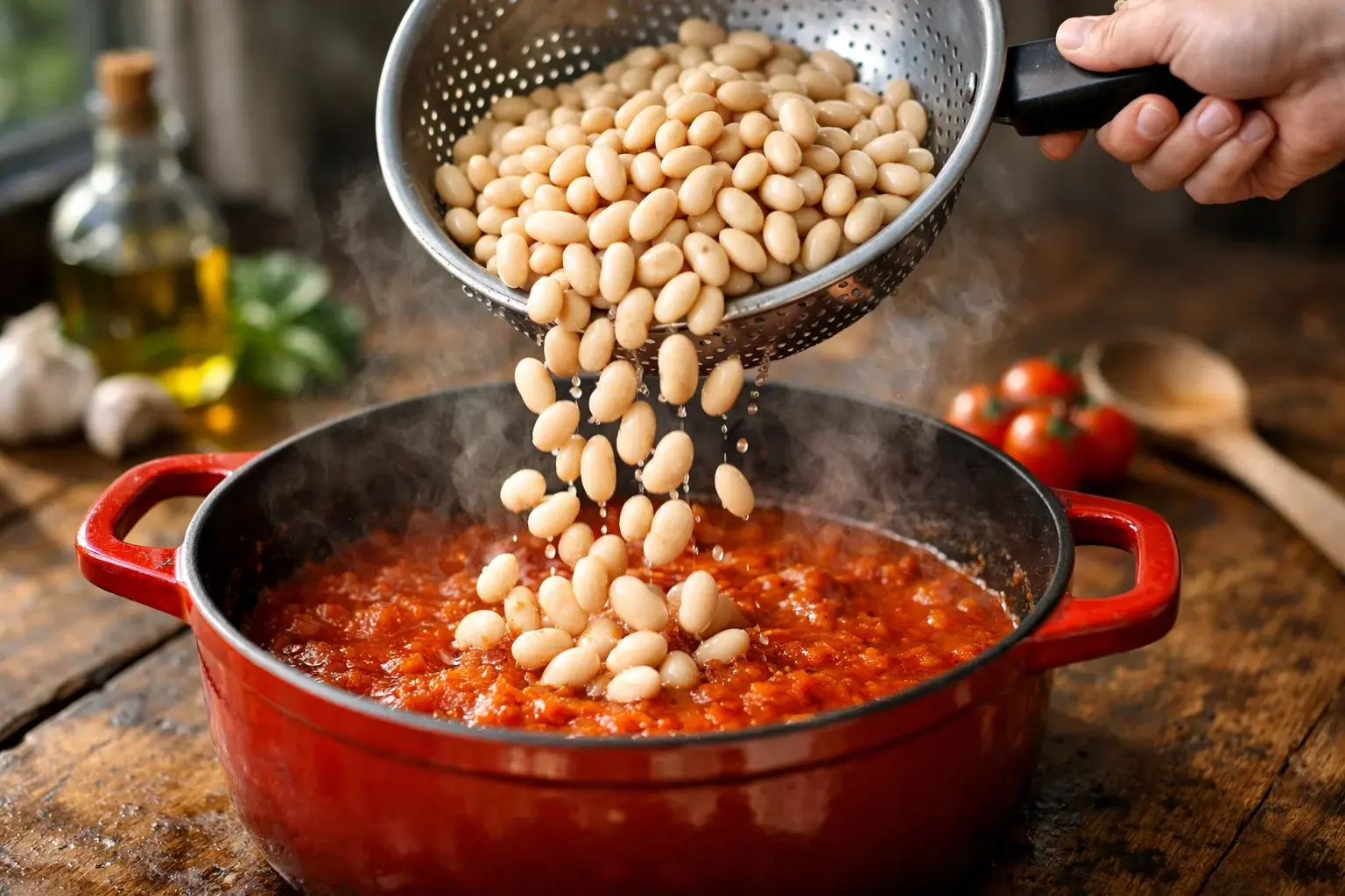 Main versant des haricots blancs égouttés dans la cocotte avec la sauce tomate et le bouillon, vapeur légère