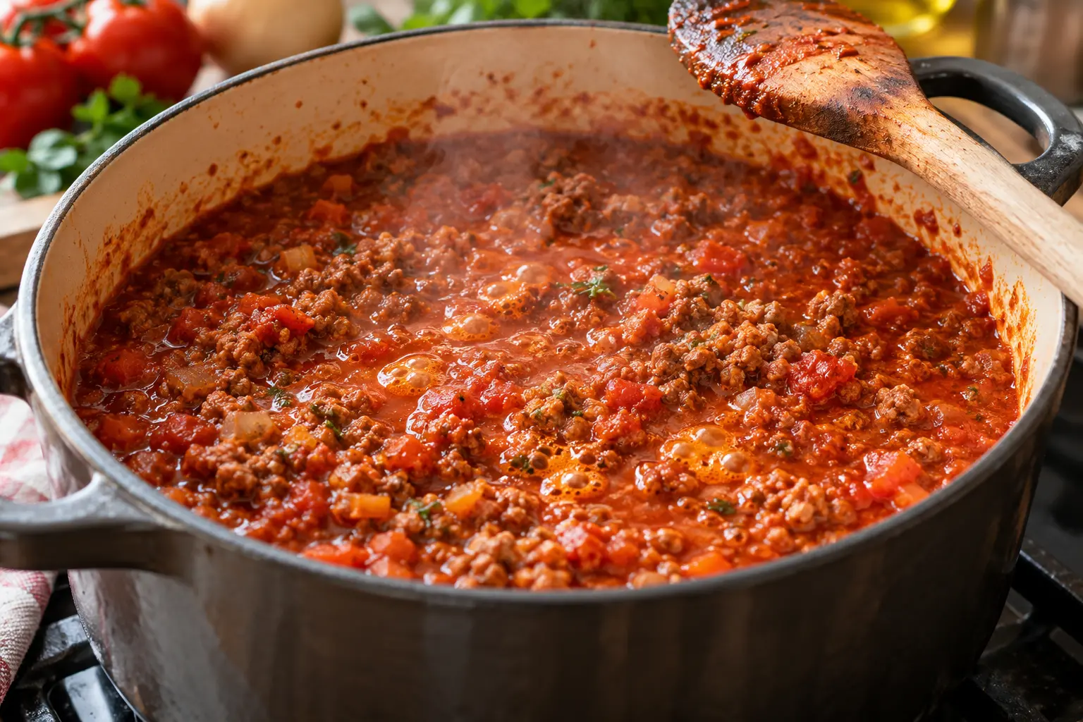 Sauce bolognaise protéinée en train de mijoter dans un faitout