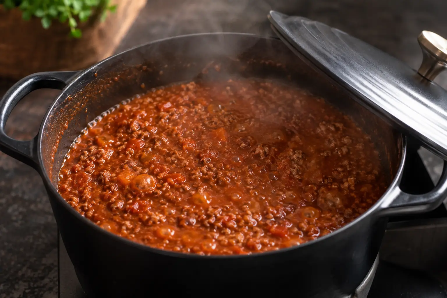 Sauce bolognaise protéinée en train de mijoter doucement dans le faitout
