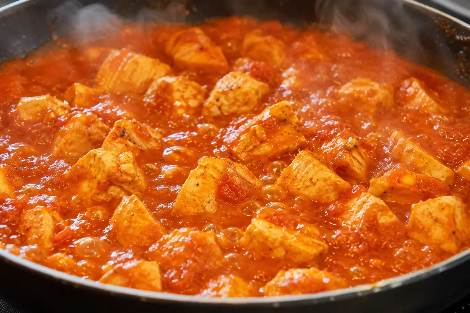 Cubes de poulet dorés en train de mijoter dans une sauce tomate épaisse rouge-orangée avec petites bulles à la surface