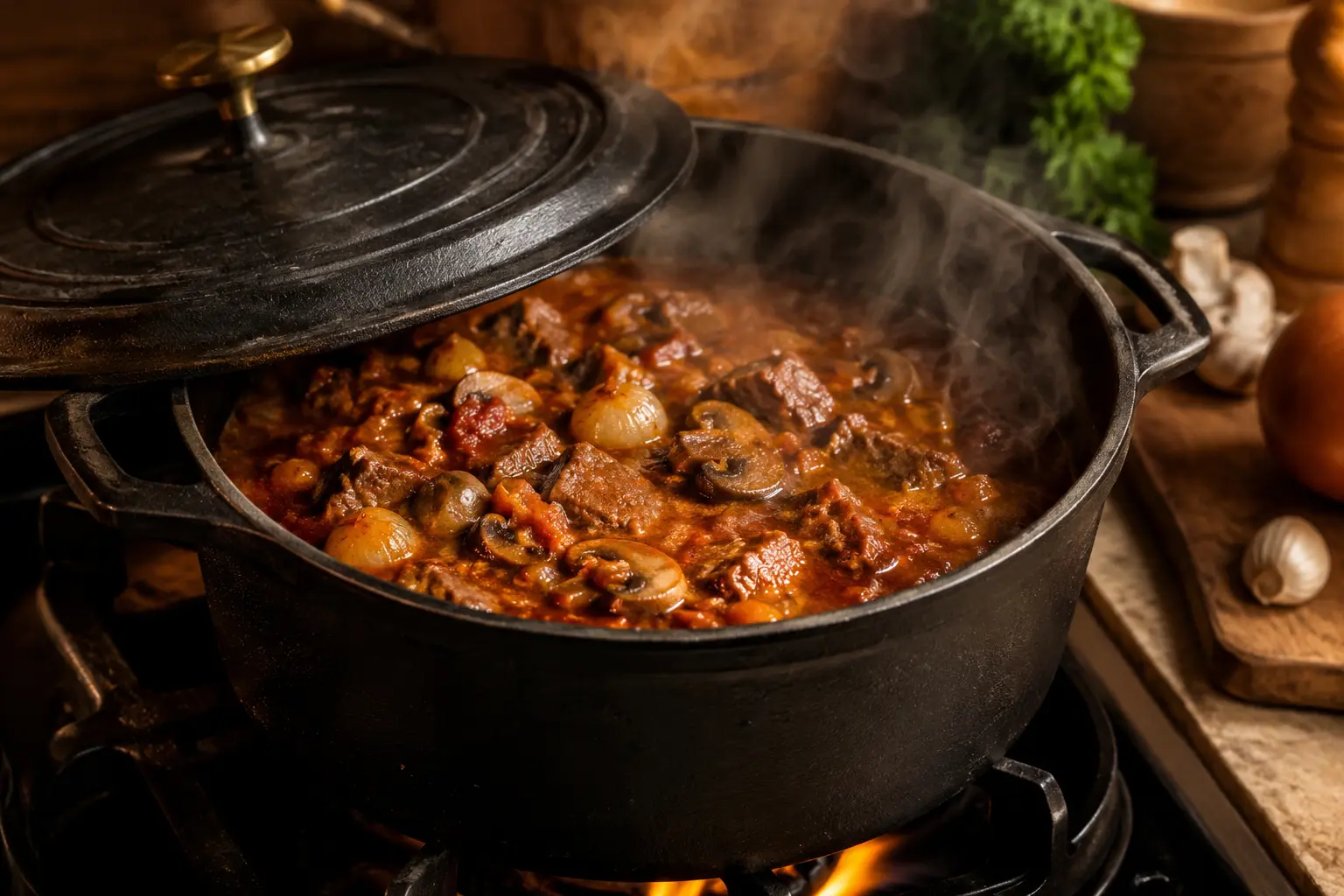 Cocotte couverte sur feu doux avec le veau Marengo en train de mijoter