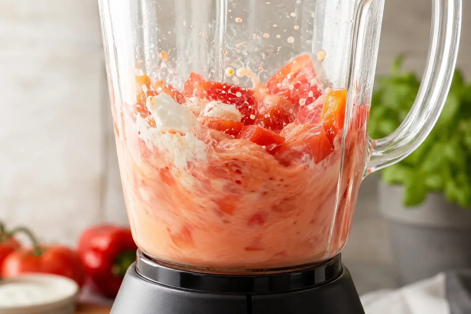 Blender en action avec les légumes et le fromage blanc en train d'être mixés