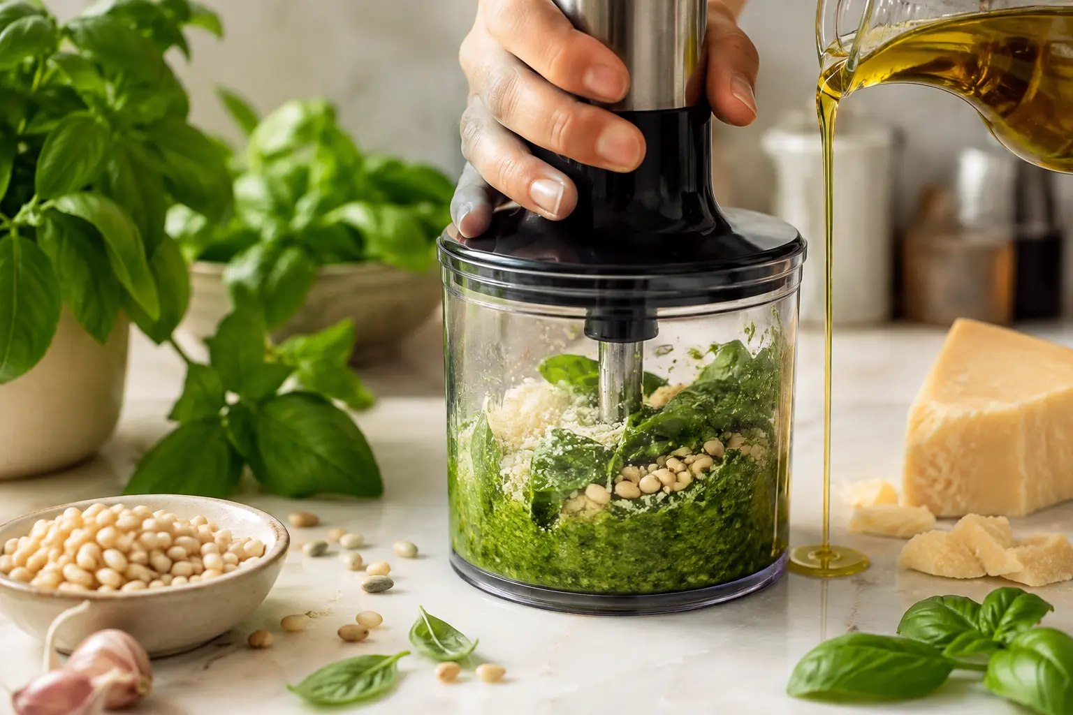 Préparation du pesto maison dans un blender avec basilic, parmesan et pignons de pin