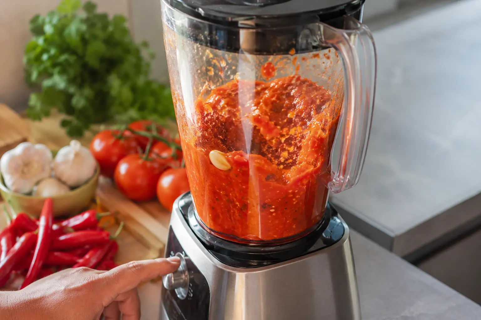 Sauce rouge aux piments en train d'être mixée dans un blender