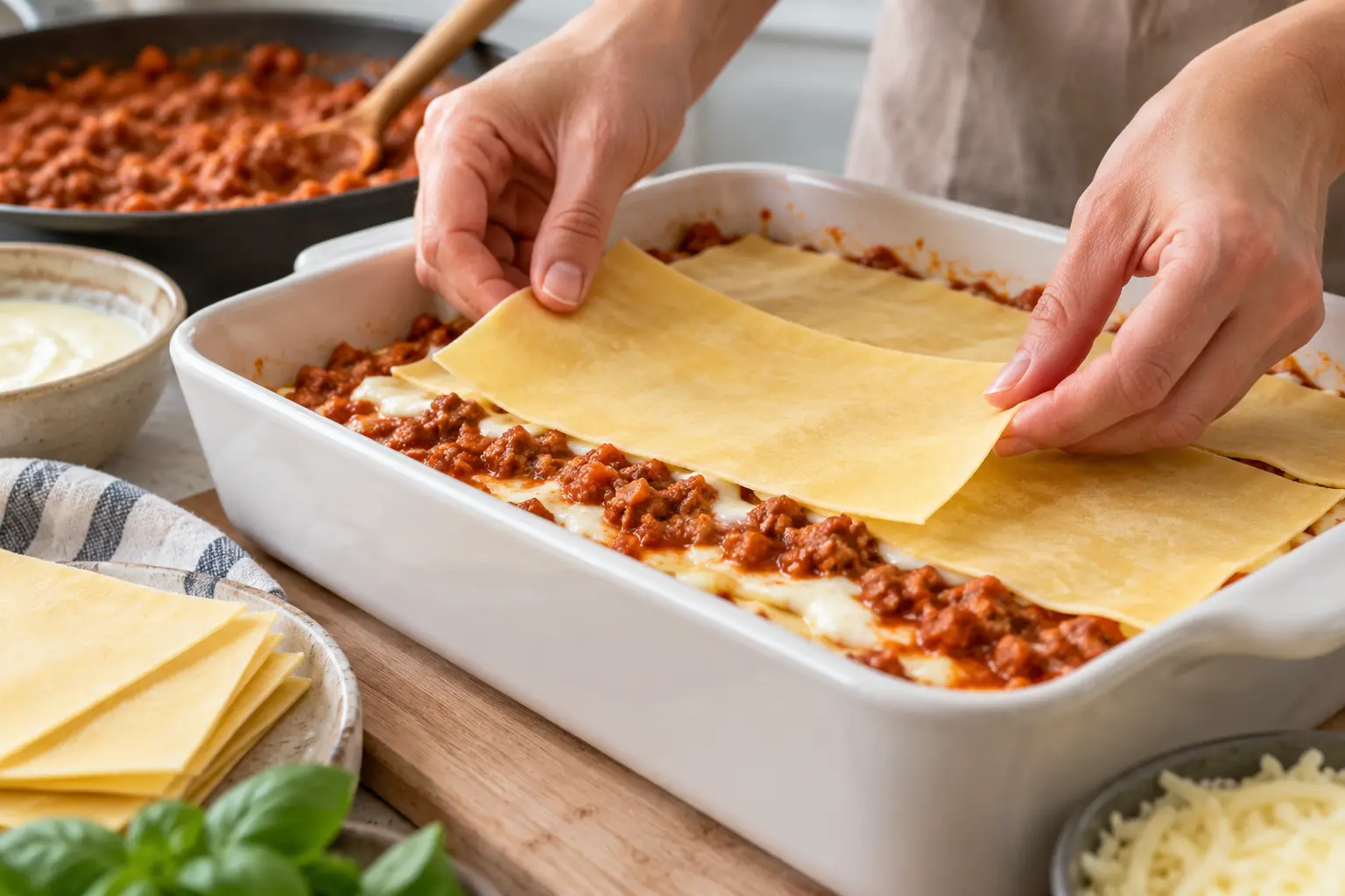 Montage des lasagnes couche par couche dans un plat à gratin