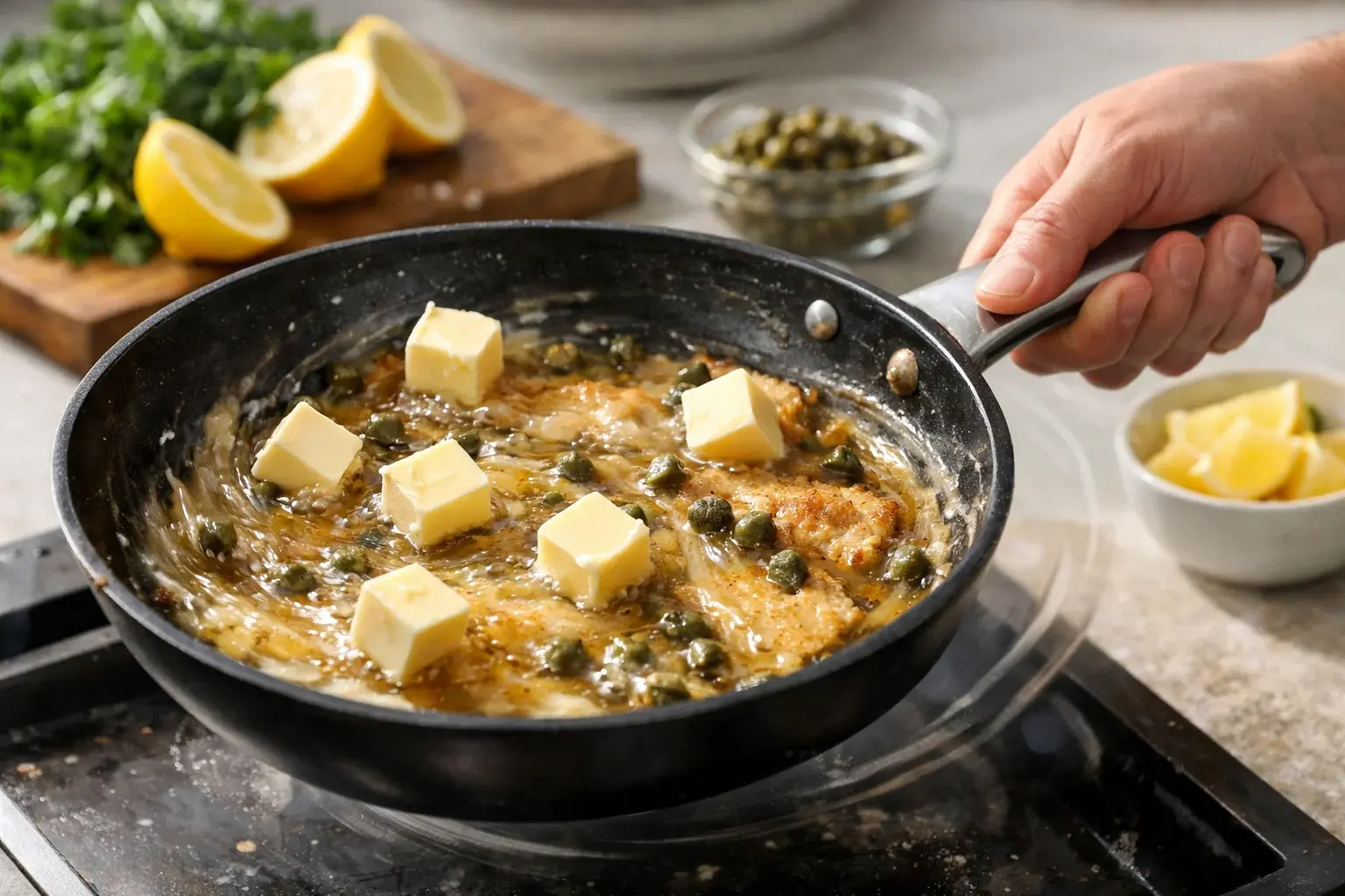 Main qui fait tourbillonner une poêle pour incorporer des dés de beurre froid dans la sauce piccata brillante avec câpres
