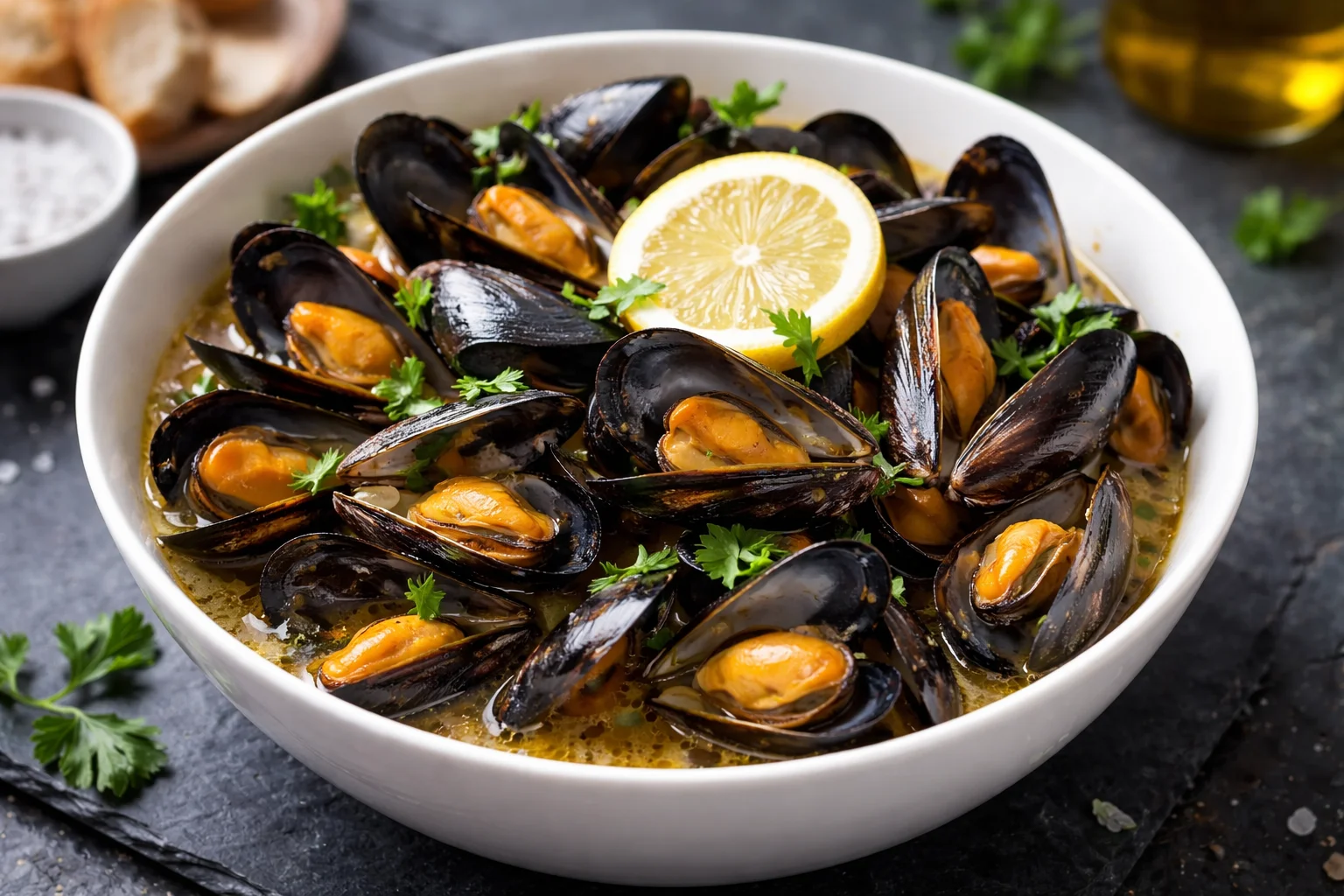 Gros plan sur des moules ouvertes dans leur bouillon doré au vin blanc avec feuilles de persil et rondelles d'échalotes
