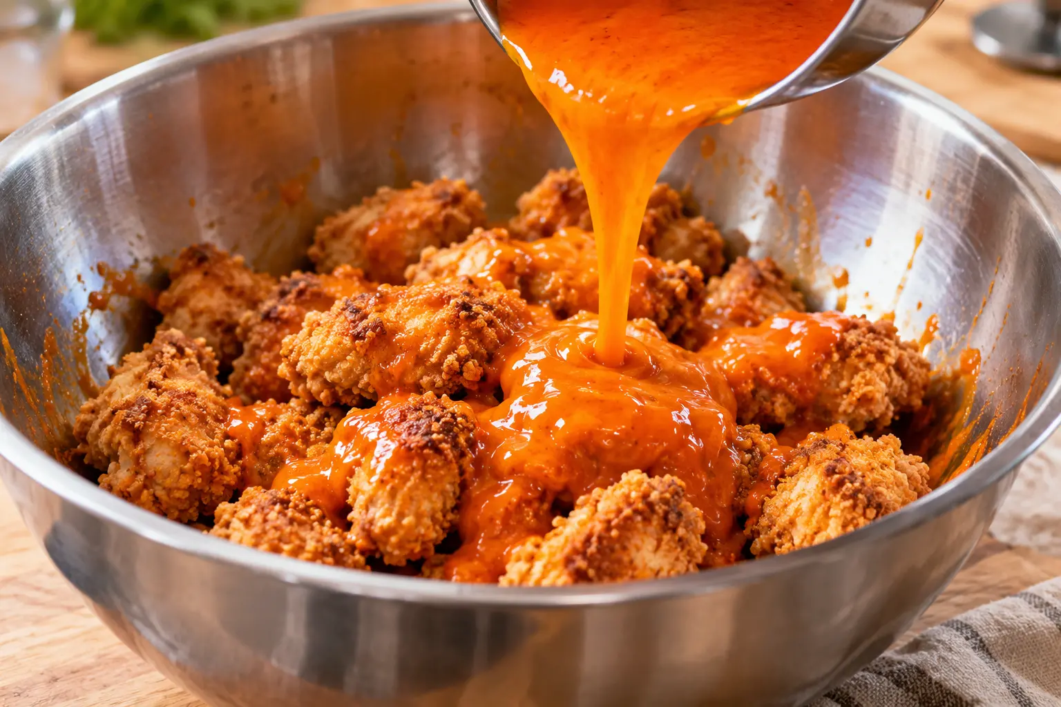 Poulet buffalo croustillant en train d'être nappé de sauce orange dans un saladier