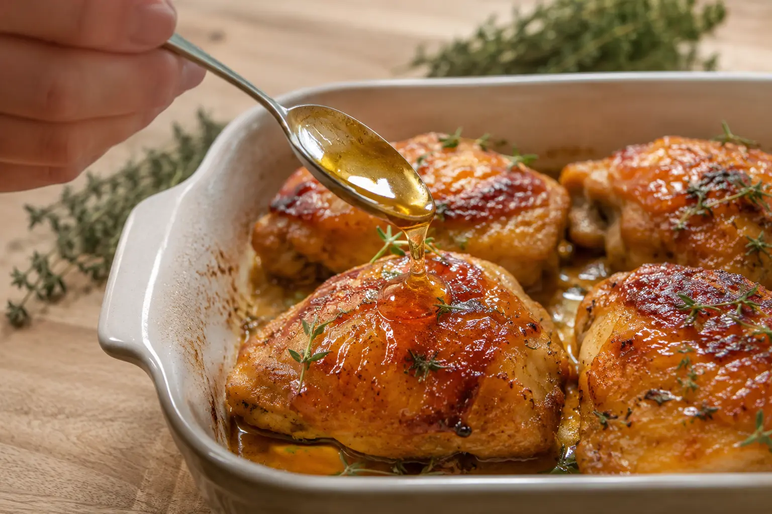 Cuillère versant la laque au miel et thym sur les hauts de cuisse de poulet