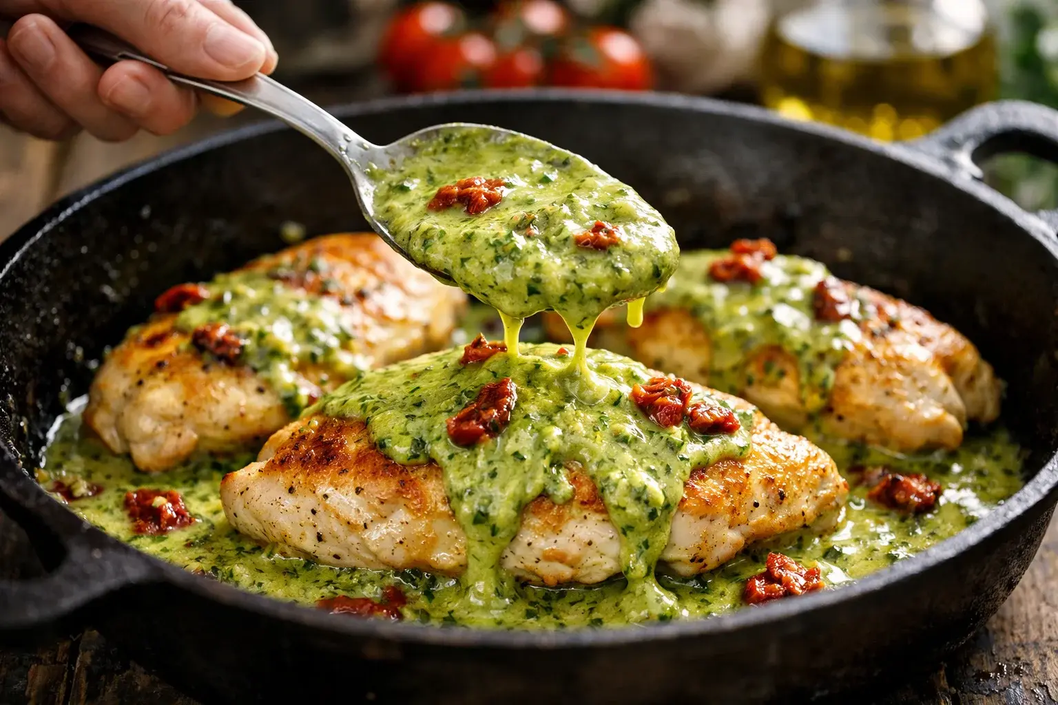 Main tenant une cuillère qui verse généreusement la sauce pesto verte crémeuse sur les blancs de poulet dans la poêle, sauce brillante