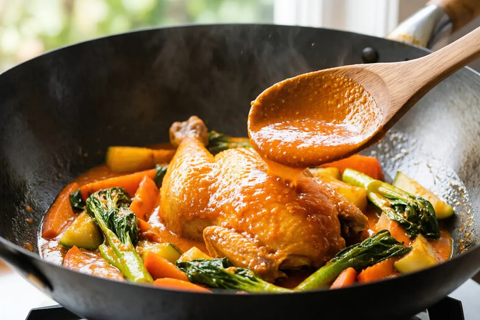 Sauce aigre-douce orangée brillante versée sur le poulet et les légumes dans un wok, spatule en bois qui mélange le tout