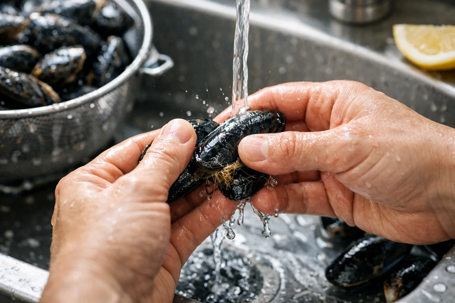 Mains rinçant et frottant des moules fraîches sous un filet d'eau froide dans un grand évier, byssus visible