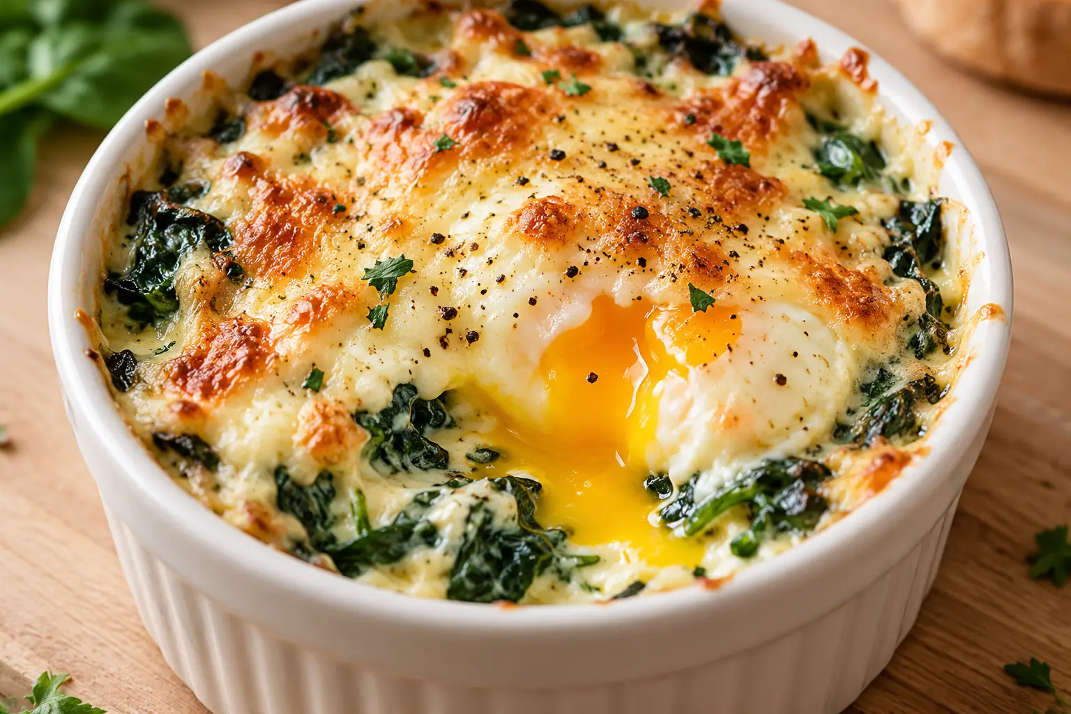Vue rapprochée d'un œuf cocotte crémeux avec épinards et fromage râpé doré sur le dessus